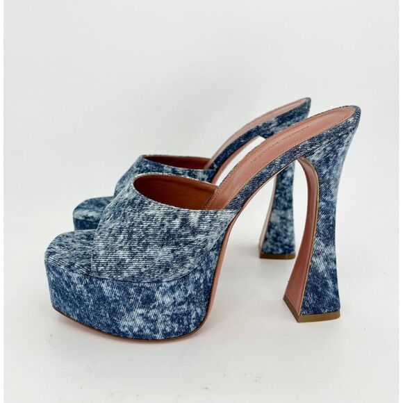 NEW AMINA MUADDI Dalida Blue Denim Square Open Toe Platform Pumps Size E… - Picture 9 of 12